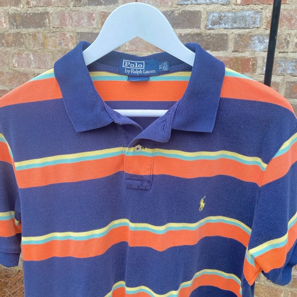Polo Ralph Lauren Vintage 90s Orange Navy Polo Shirt Striped size XL Gameday